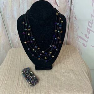 C.A.K.E Necklace and Elastic Bracelet Set Silver Black Purple Blue